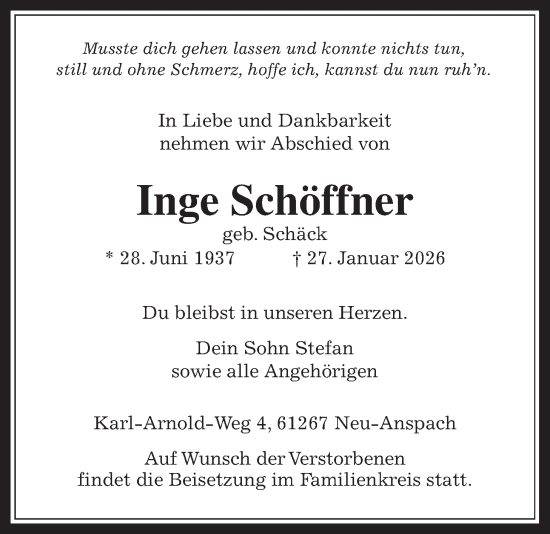 Traueranzeige von Inge Schöffner von Usinger Anzeigenblatt