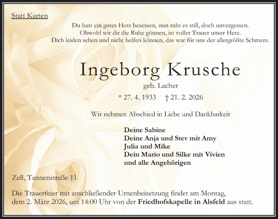 Traueranzeige von Ingeborg Krusche von Oberhessische Zeitung