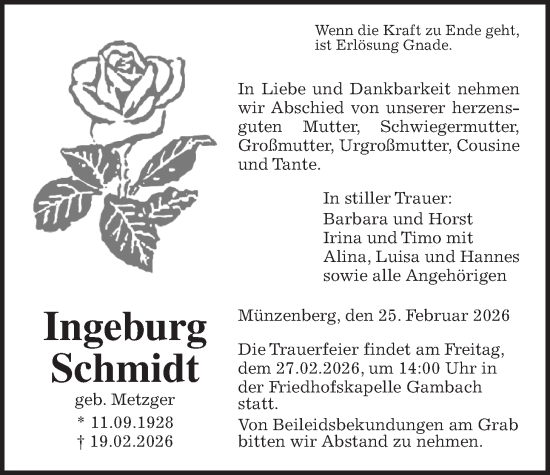 Traueranzeige von Ingeburg Schmidt von Butzbacher Zeitung
