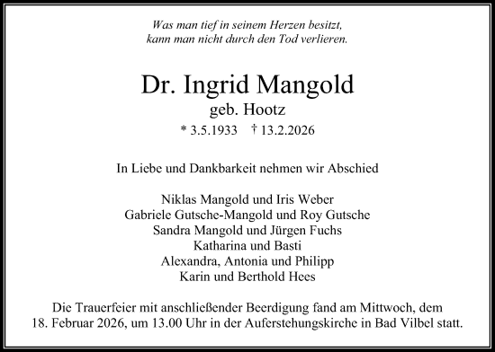 Traueranzeige von Ingrid Mangold von Bad Vilbel/Karben
