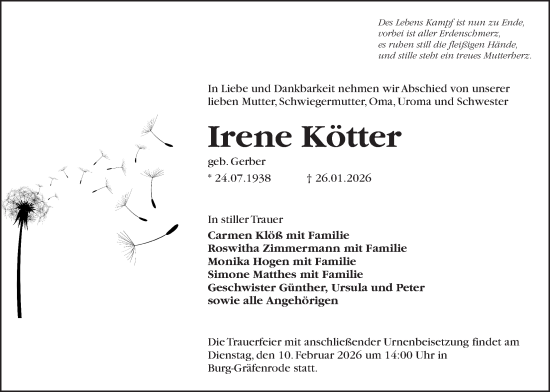 Traueranzeige von Irene Kötter von Bad Vilbel/Karben