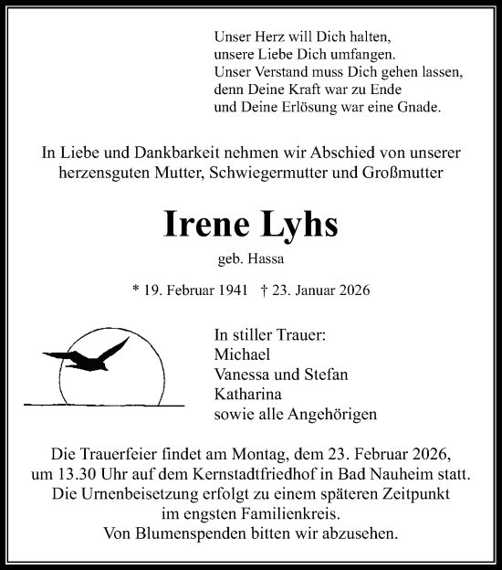 Traueranzeige von Irene Lyhs von Wetterauer Zeitung