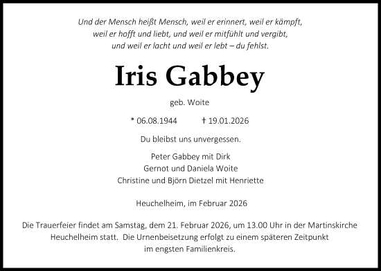 Traueranzeige von Iris Gabbey von Giessener Allgemeine, Alsfelder Allgemeine