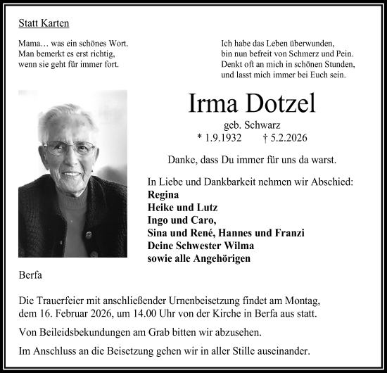 Traueranzeige von Irma Dotzel von Oberhessische Zeitung