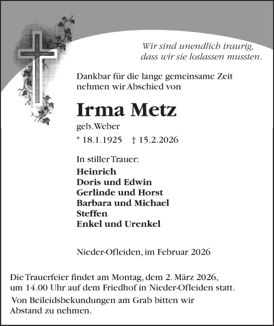 Traueranzeige von Irma Metz von Alsfelder Allgemeine, Oberhessische Zeitung