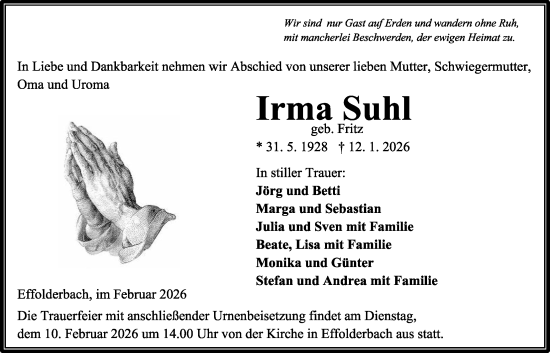 Traueranzeige von Irma Suhl von Kreis-Anzeiger