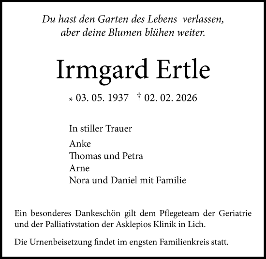 Traueranzeige von Irmgard Ertle von Pohlheimer Nachrichten