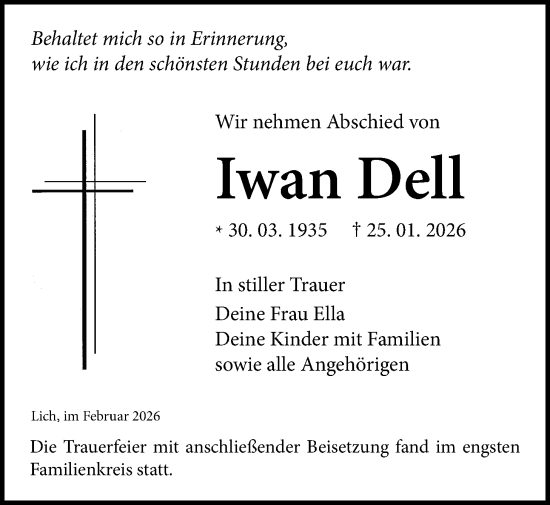 Traueranzeige von Iwan Dell von Licher Wochenblatt