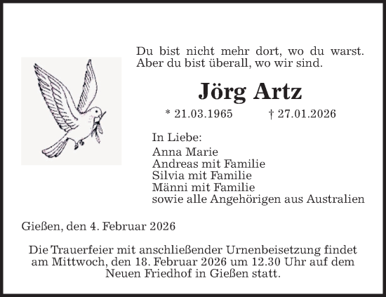Traueranzeige von Jörg Artz von Giessener Anzeiger