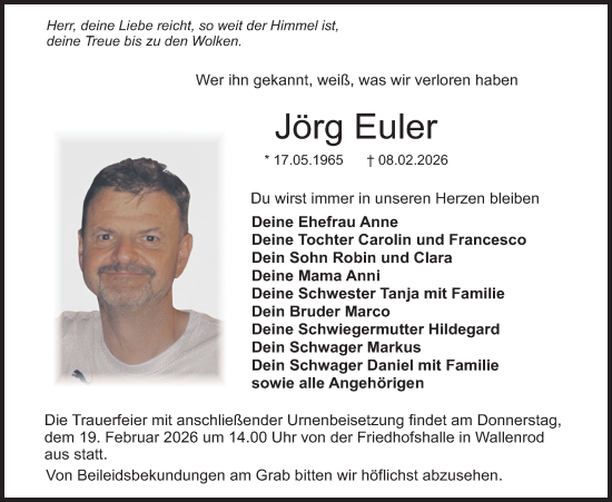 Traueranzeige von Jörg Euler von Lauterbacher Anzeiger