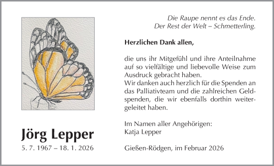 Traueranzeige von Jörg Lepper von Giessener Allgemeine, Alsfelder Allgemeine, Giessener Anzeiger