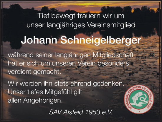 Traueranzeige von Johann Schneigelberger von Oberhessische Zeitung