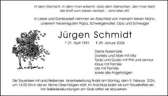 Traueranzeige von Jürgen Schmidt von Butzbacher Zeitung