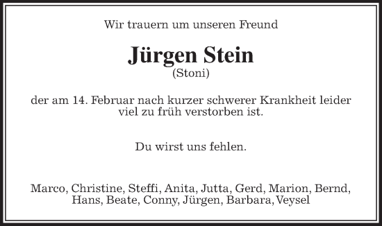 Traueranzeige von Jürgen Stein von Giessener Allgemeine, Alsfelder Allgemeine