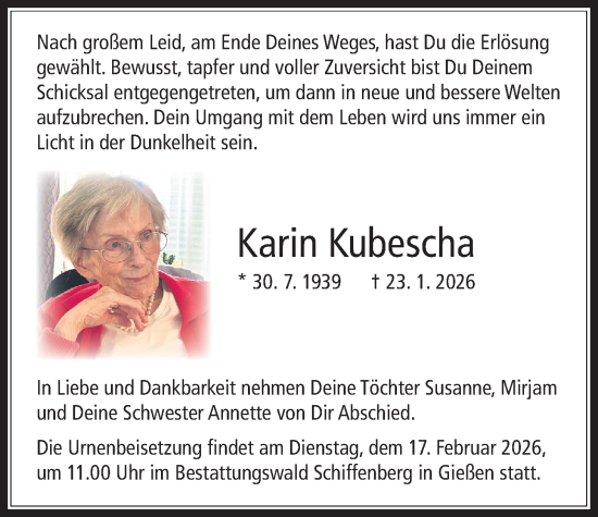 Traueranzeige von Karin Kubescha von Giessener Allgemeine, Alsfelder Allgemeine, Giessener Anzeiger