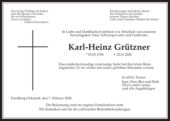 Traueranzeige von Karl-Heinz Grützner von Wetterauer Zeitung