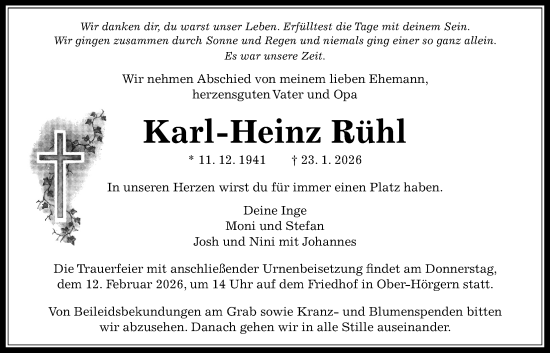 Traueranzeige von Karl-Heinz Rühl von Butzbacher Zeitung