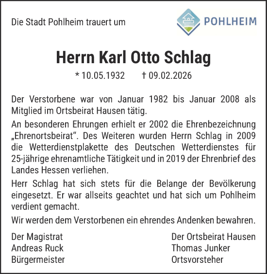 Traueranzeige von Karl Otto Schlag von Pohlheimer Nachrichten