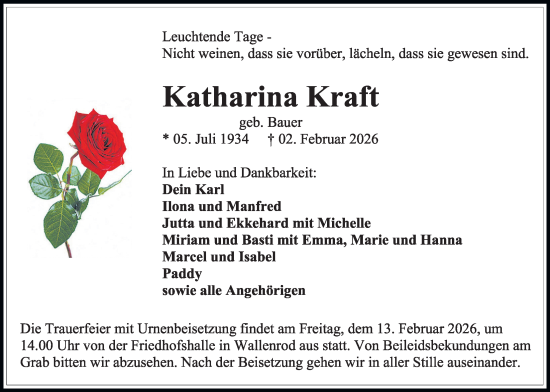 Traueranzeige von Katharina Kraft von Lauterbacher Anzeiger