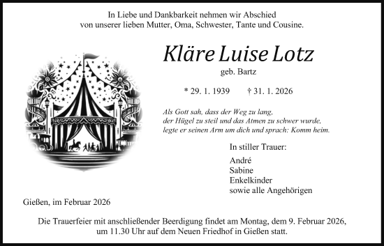 Traueranzeige von Kläre Luise Lotz von Giessener Allgemeine, Alsfelder Allgemeine, Giessener Anzeiger