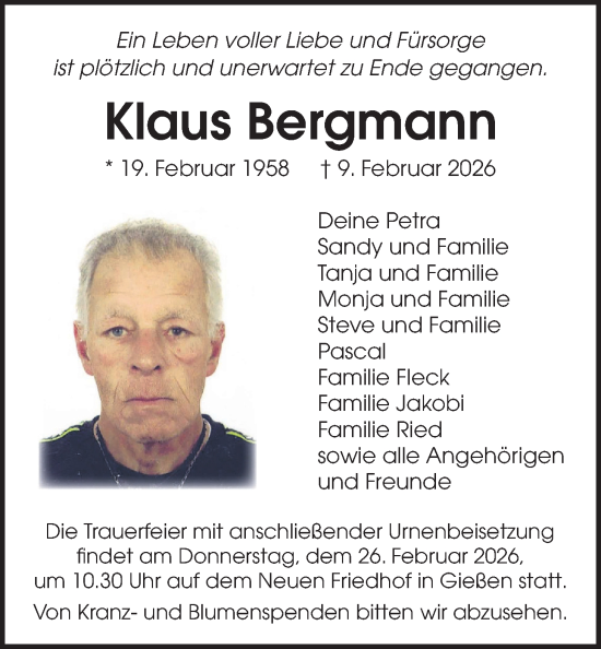 Traueranzeige von Klaus Bergmann von Giessener Allgemeine, Alsfelder Allgemeine