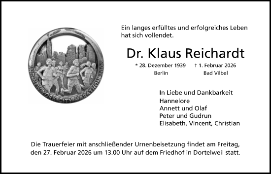 Traueranzeige von Klaus Reichardt von Bad Vilbel/Karben