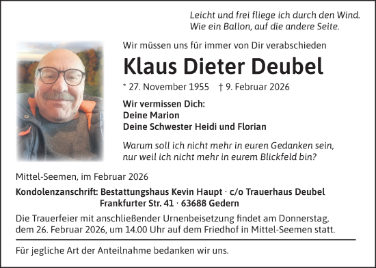 Traueranzeige von Klaus Dieter Deubel von Kreis-Anzeiger