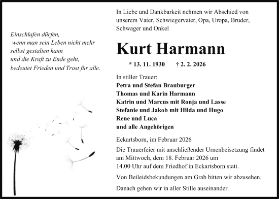 Traueranzeige von Kurt Harmann von Kreis-Anzeiger