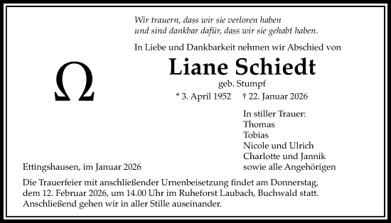 Traueranzeige von Liane Schiedt von Licher Wochenblatt