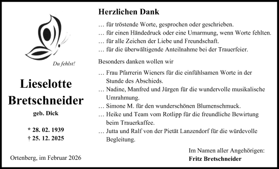 Traueranzeige von Lieselotte Bretschneider von Kreis-Anzeiger
