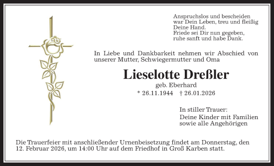 Traueranzeige von Lieselotte Dreßler von Bad Vilbel/Karben
