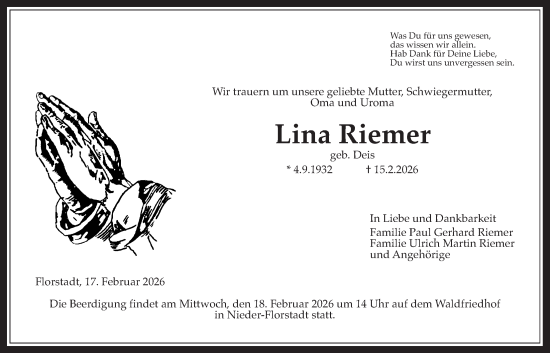 Traueranzeige von Lina Riemer von Wetterauer Zeitung