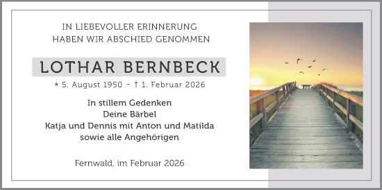 Traueranzeige von Lothar Bernbeck von Giessener Anzeiger, Giessener Allgemeine, Alsfelder Allgemeine