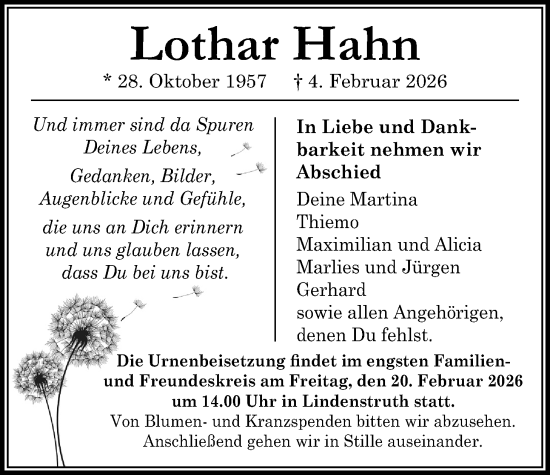 Traueranzeige von Lothar Hahn von Giessener Anzeiger