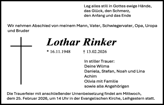 Traueranzeige von Lothar Rinker von Giessener Anzeiger, Giessener Allgemeine, Alsfelder Allgemeine