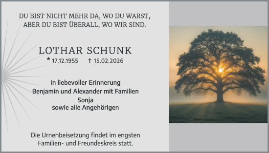 Traueranzeige von Lothar Schunk von Licher Wochenblatt