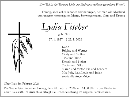 Traueranzeige von Lydia Fischer von Kreis-Anzeiger