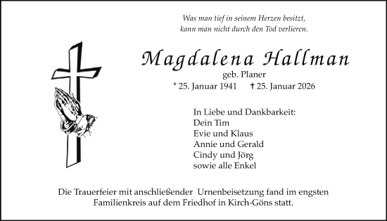 Traueranzeige von Magdalena Hallman von Butzbacher Zeitung