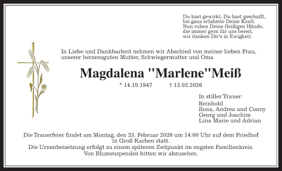 Traueranzeige von Magdalena Meiß von Bad Vilbel/Karben, Wetterauer Zeitung