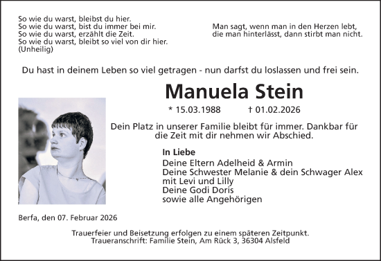 Traueranzeige von Manuela Stein von Oberhessische Zeitung