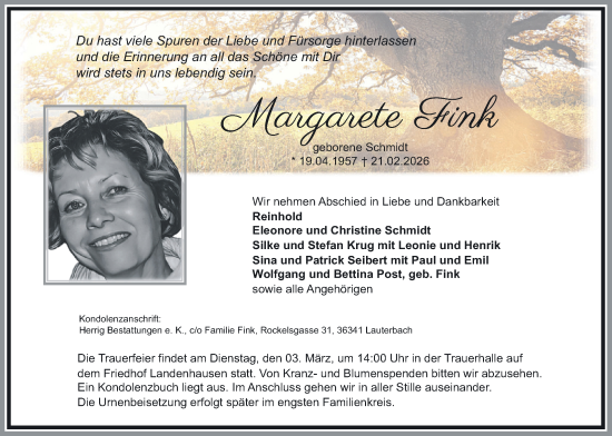 Traueranzeige von Margarete Fink von Lauterbacher Anzeiger