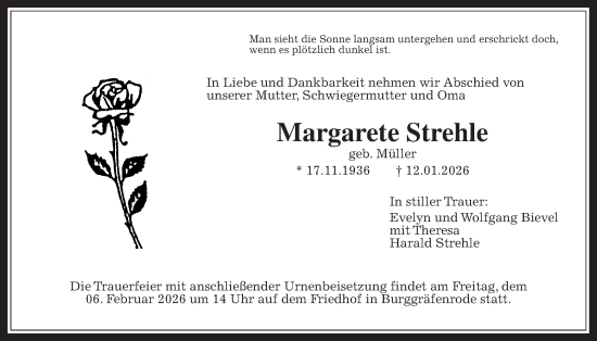 Traueranzeige von Margarete Strehle von Wetterauer Zeitung, Bad Vilbel/Karben