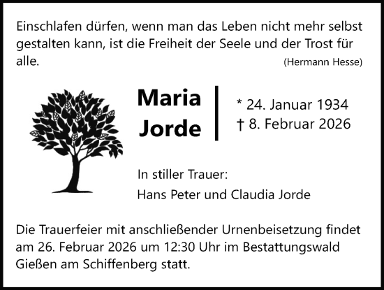 Traueranzeige von Maria Jorde von Giessener Anzeiger, Giessener Allgemeine, Alsfelder Allgemeine