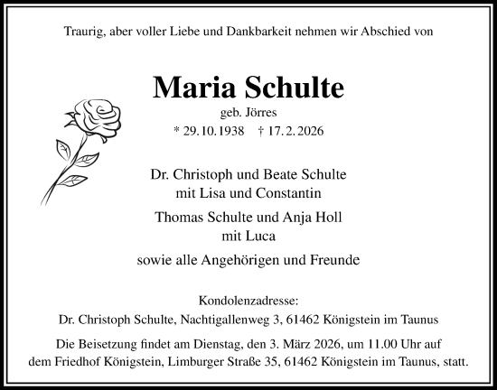 Traueranzeige von Maria Schulte von Giessener Allgemeine, Alsfelder Allgemeine, Giessener Allgemeine, Alsfelder Allgemeine