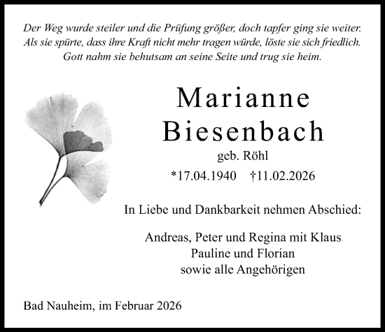 Traueranzeige von Marianne Biesenbach von Wetterauer Zeitung