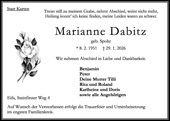Traueranzeige von Marianne Dabitz von Oberhessische Zeitung