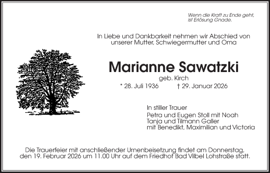 Traueranzeige von Marianne Sawatzki von Bad Vilbel/Karben