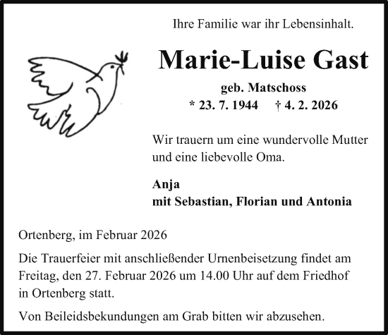 Traueranzeige von Marie-Luise Gast von Kreis-Anzeiger