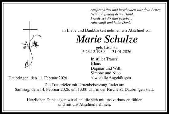 Traueranzeige von Marie Schulze von Giessener Allgemeine, Alsfelder Allgemeine, Giessener Anzeiger