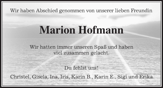 Traueranzeige von Marion Hofmann von Butzbacher Zeitung